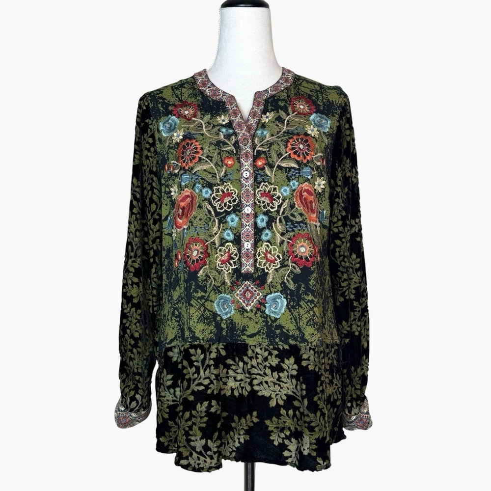 John Mark Velvet Burnout Embroidered Floral Tunic Size M Botanical Fairy Boho